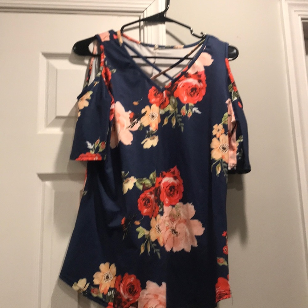 Blue flower off the shoulder shirt